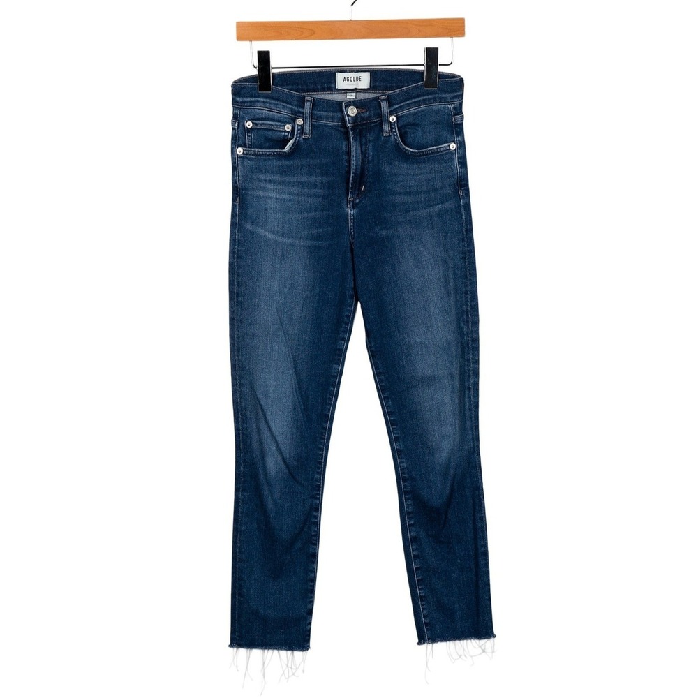 AGOLDE Mid-Rise Skinny Leg Jeans Dark Blue Raw Hem Sophie Rayon Cotton Size 26